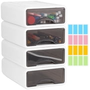 4 Pcs Space-Saving Stackable Desk Organizers for Home Office, Plastic Storage Drawers, White Frame with Transparent Grey Drawers, Includes 4 Sticker Sheets