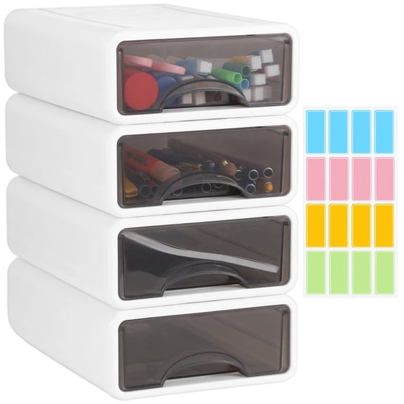 4 Pcs Space-Saving Stackable Desk Organizers for Home Office, Plastic Storage Drawers, White Frame with Transparent Grey Drawers, Includes 4 Sticker Sheets