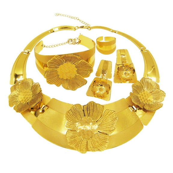 4 Pcs Sparkling 24K Engagement Wedding Jewelry Sets for Women Necklace Bracelet Earrings Ring Sets Women Jewelry Sets for Bridal Party Prom Costume Accessories