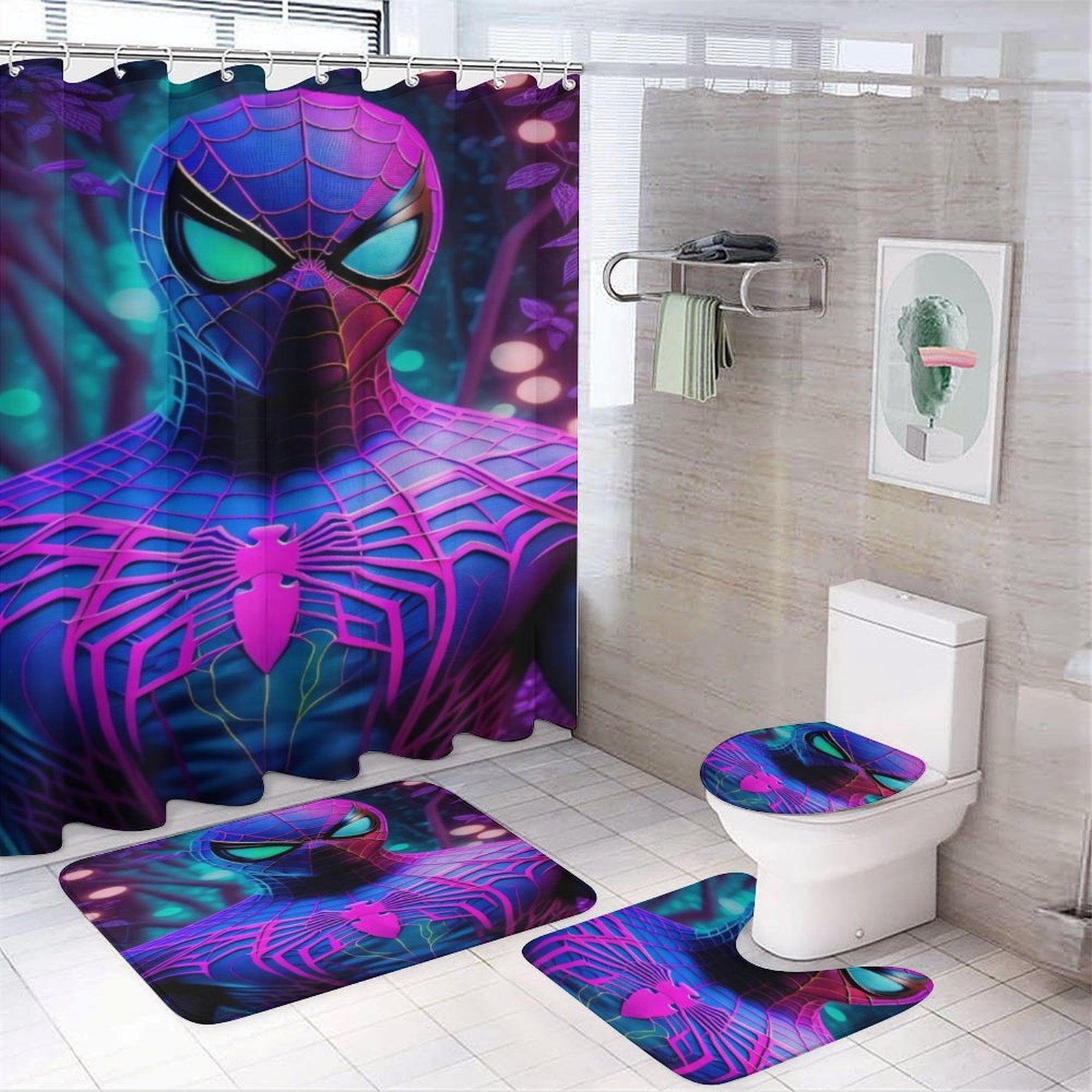 4 Pcs Spider-Man Bathroom Set with Shower Curtain with Non-Slip Rugs ...