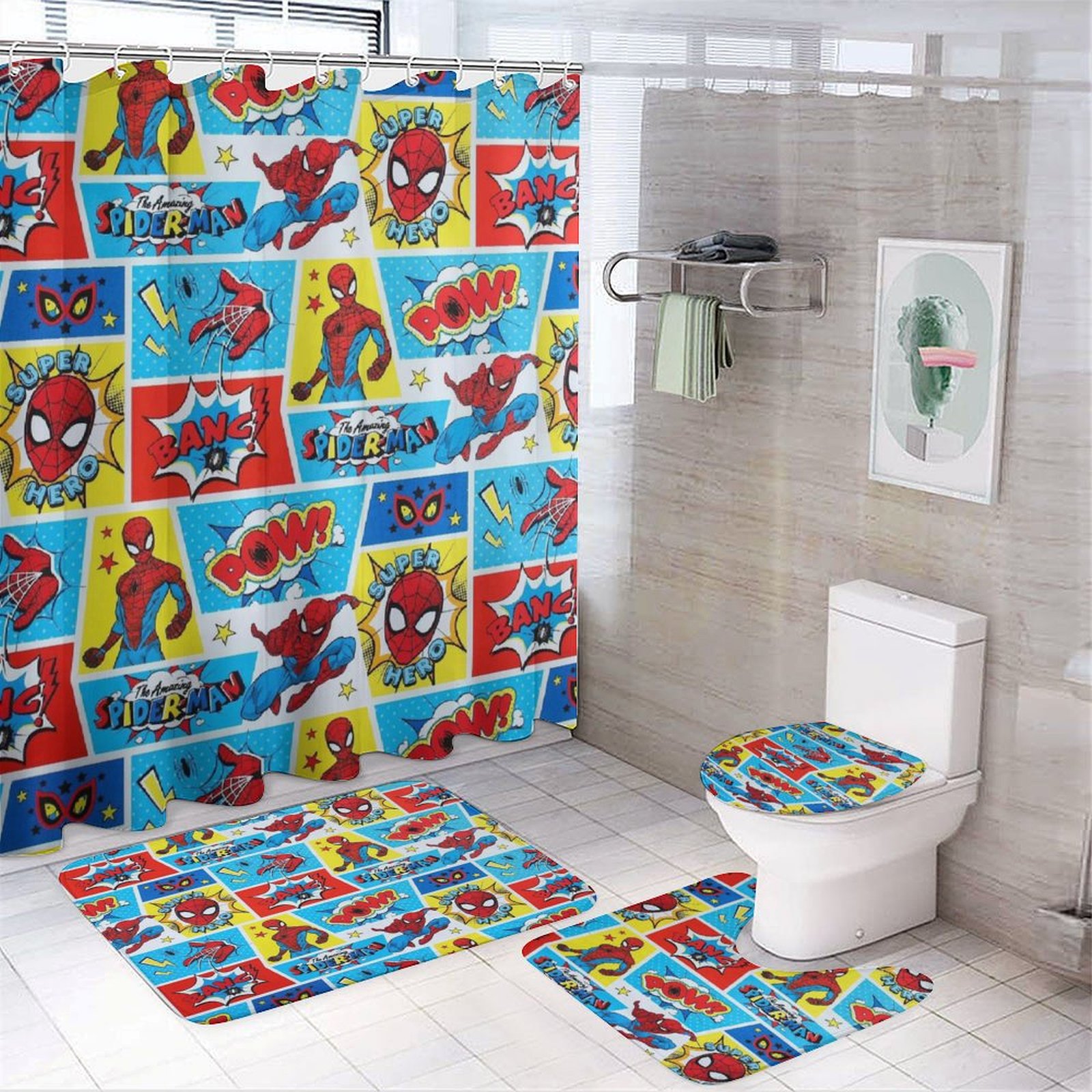 4 Pcs Spider-Man Bathroom Set with Shower Curtain with Non-Slip Rugs ...