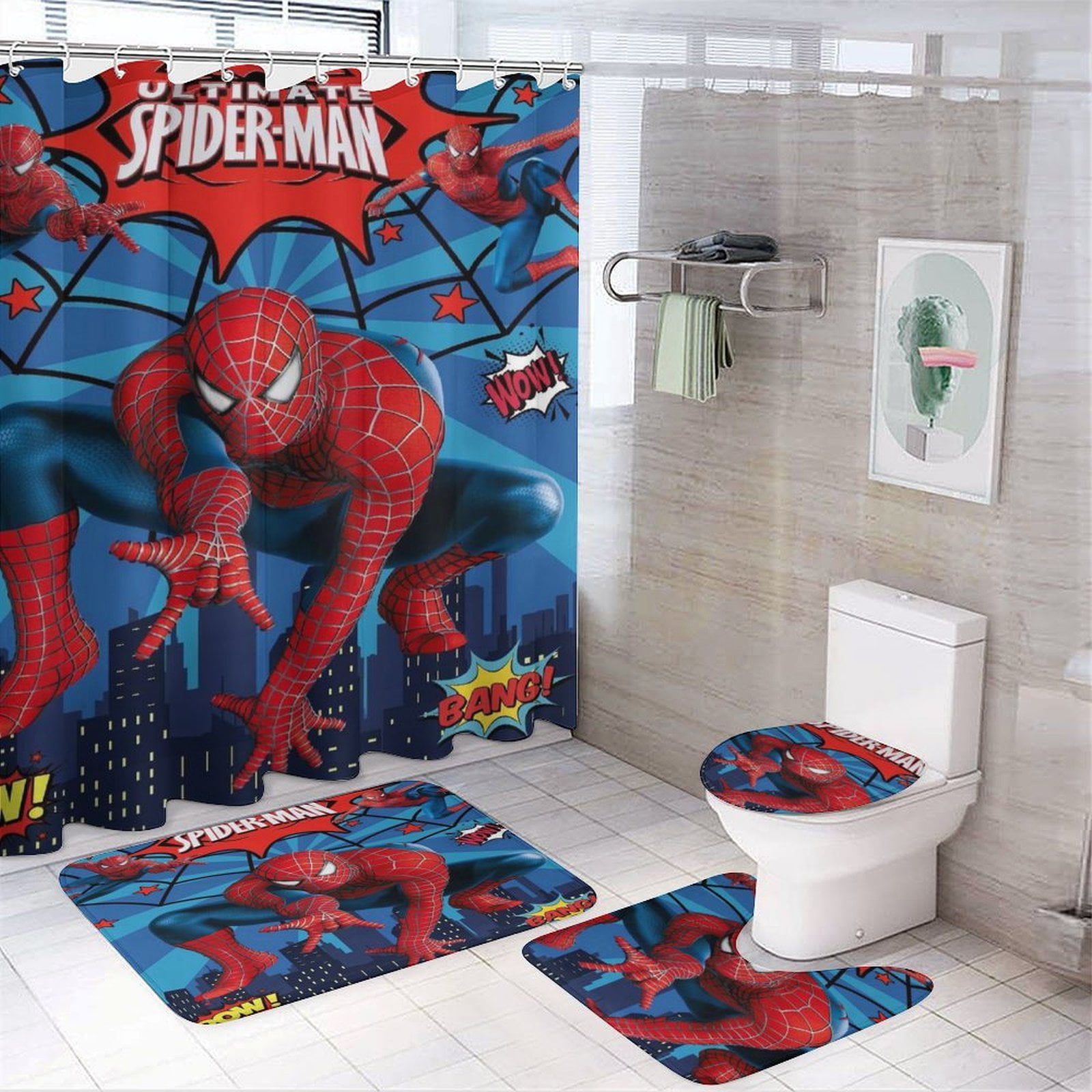 4 Pcs Spider-Man Bathroom Set with Shower Curtain with Non-Slip Rugs, Toilet Lid Cover And Non-Slip U Shape Bath Mat, Bathroom Decoration with 12 Hooks 72 X 72 Inches