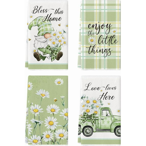 4 Pcs Spring Daisy Flower Kitchen Towels, 27.5x20 Inch Watercolor Floral Decorative Kitchen Hand Towels, Summer Absorbent Dishcloth Fast Drying for Cooking (Daisy)