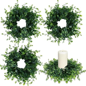 4 Pcs Spring Summer Candle Rings Green Boxwood Wreaths 3 Inch Green Boxwood Candle Rings Pillars Kitchen Cabinet Wreaths Mini Candle Wreath for Wedding Party Decor