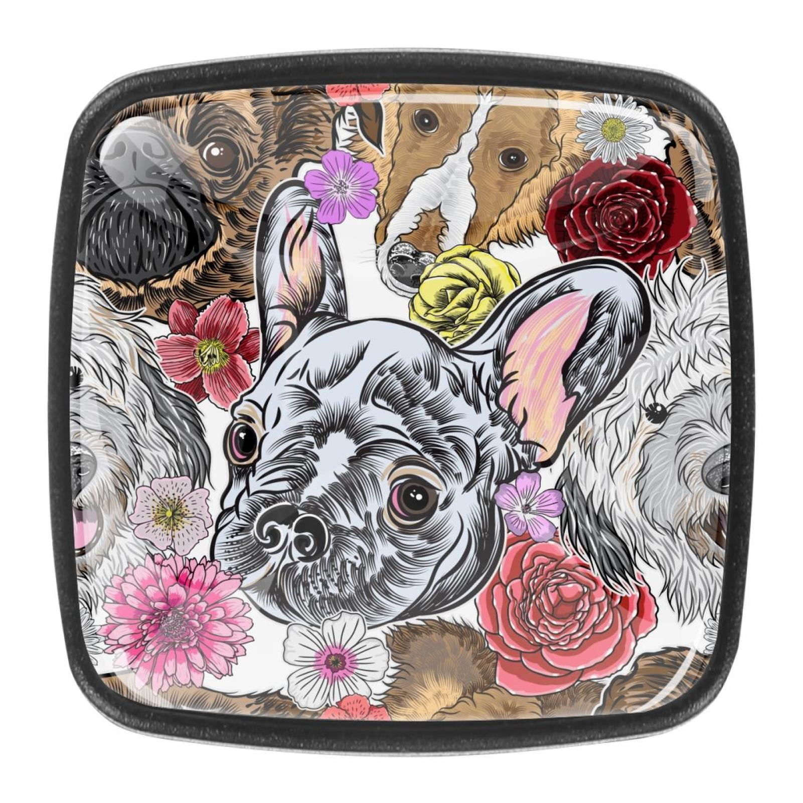 4 Pcs Square Cabinet Handle Cupboard Knob Drawer Pulls Handle Painting Dog Drawer Knobs with Screws Furniture Decoration