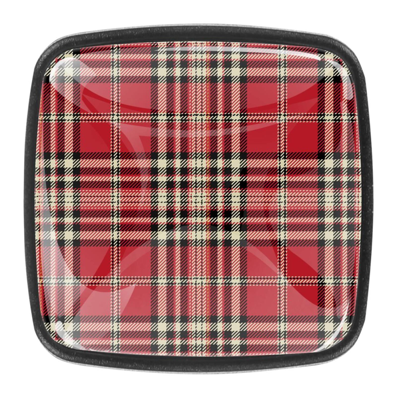 4 Pcs Square Cabinet Handle Cupboard Knob Drawer Pulls Handle Red Plaid Pattern Drawer Knobs with Screws Furniture Decoration