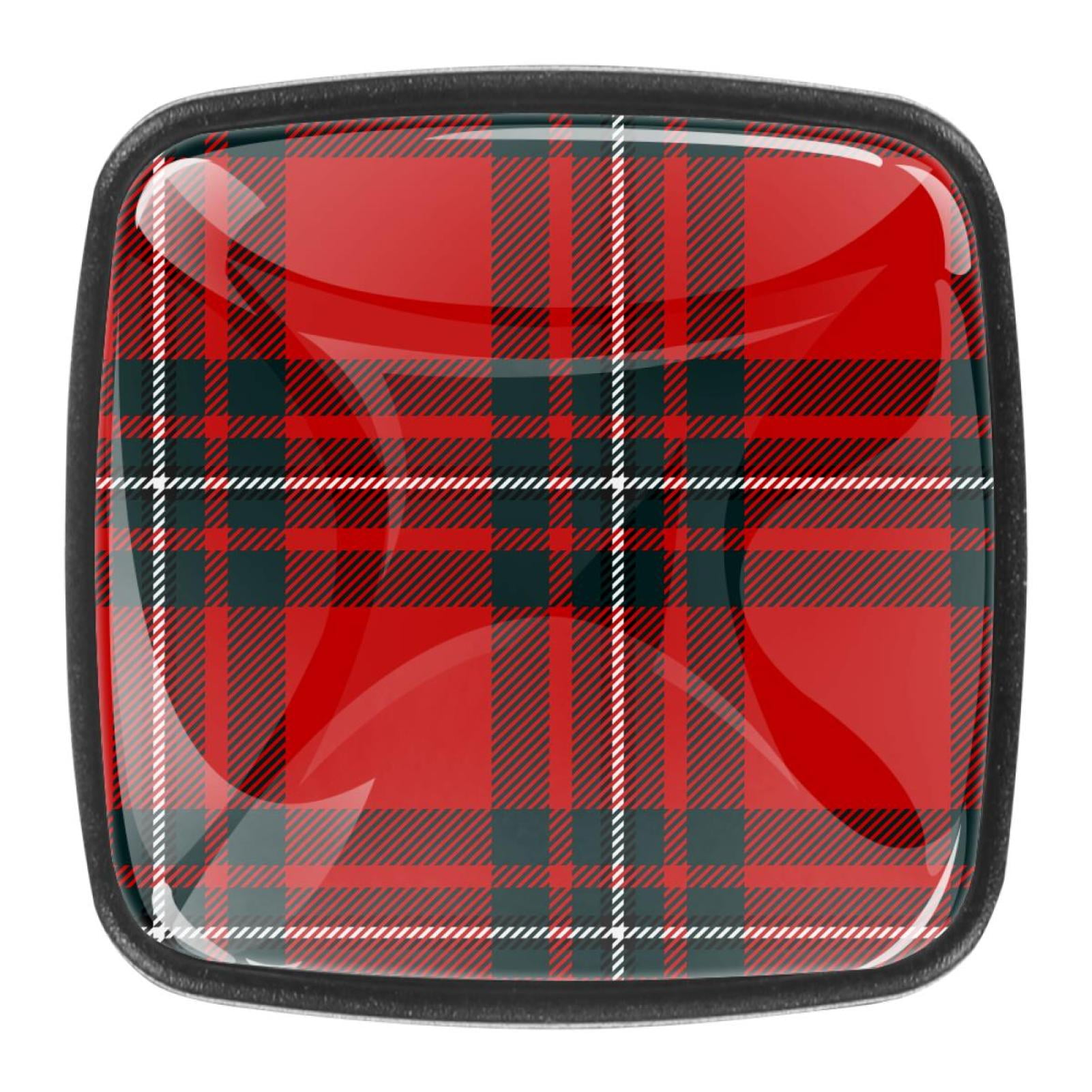4 Pcs Square Cabinet Handle Cupboard Knob Drawer Pulls Handle Scottish Black Red Plaid Drawer Knobs with Screws Furniture Decoration