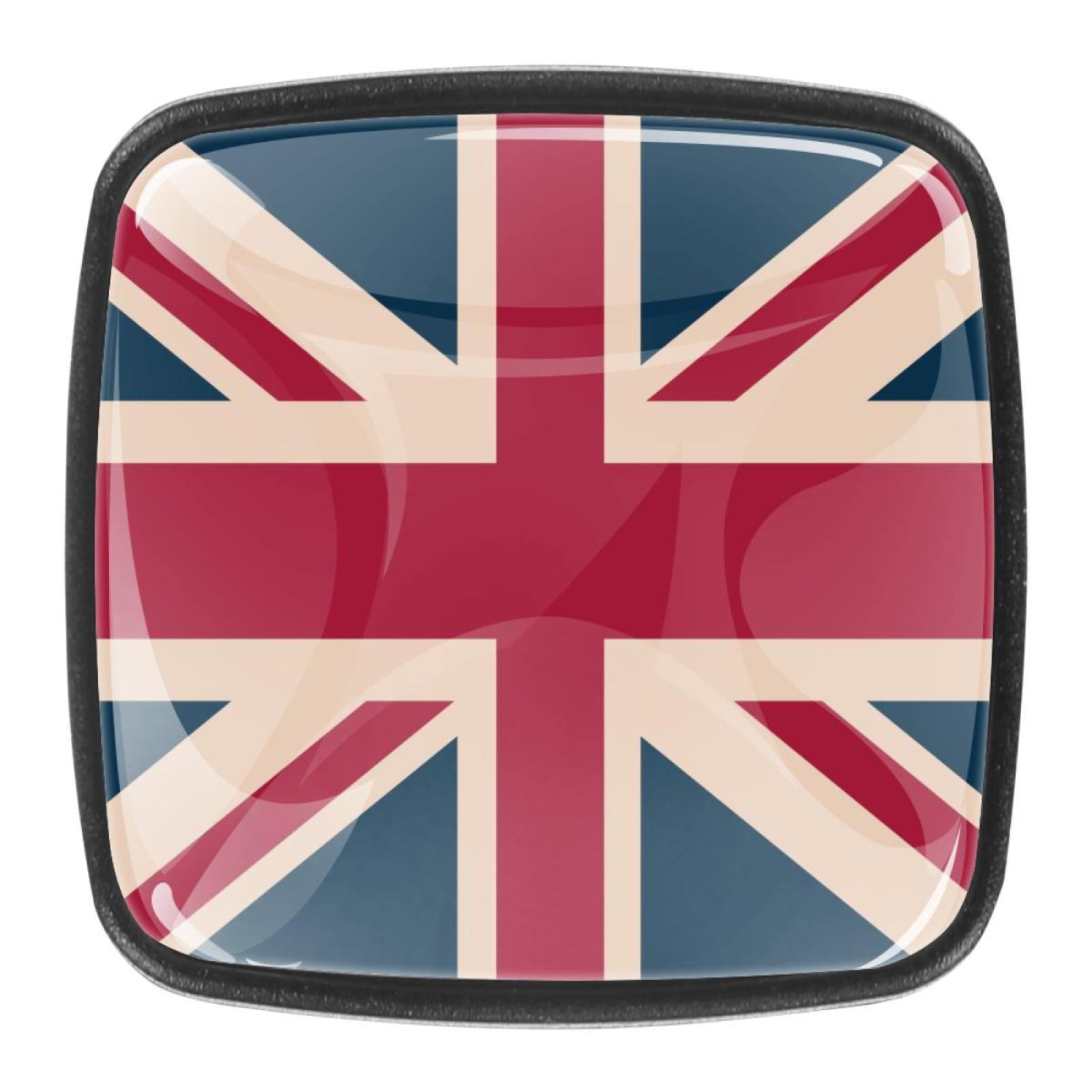 4 Pcs Square Cabinet Handle Cupboard Knob Drawer Pulls Handle UK Vintage British Flag Drawer Knobs with Screws Furniture Decoration