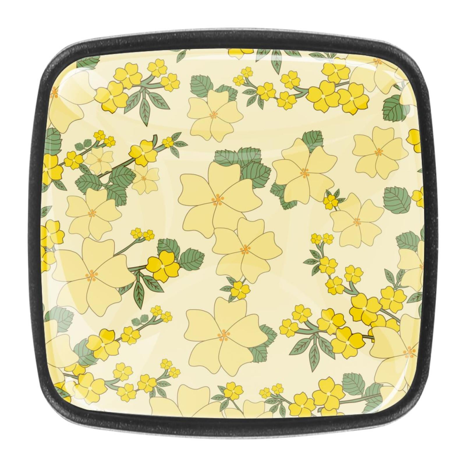 4 Pcs Square Cabinet Handle Cupboard Knob Drawer Pulls Handle Yellow Wild Flower Drawer Knobs with Screws Furniture Decoration