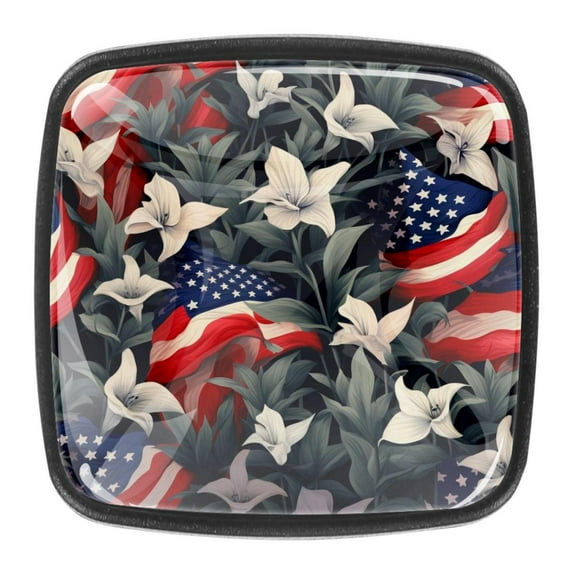 4 Pcs Square Cabinet Handle Drawer Pulls American Flag and Plants Knobs with Screws Furniture Office Cabinet Knob Decoration
