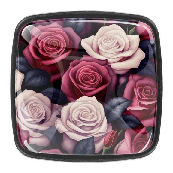 4 Pcs Square Cabinet Handle Drawer Pulls Roses Knobs with Screws Furniture Office Cabinet Knob Decoration