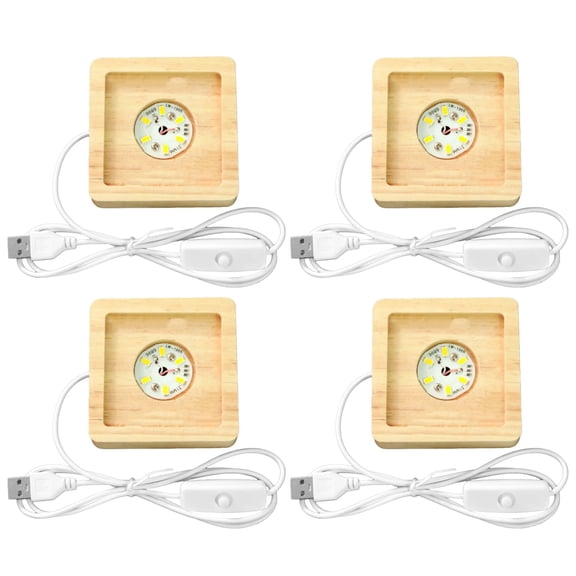 4 Pcs Square LED Light Bases with Wooden Stands, USB Powered, 6 LED Bulbs, 3D Crystal Display Light, Warm Glow, Set for Acrylic, Glass, Resin Art, with Switch( Excluding crystals）