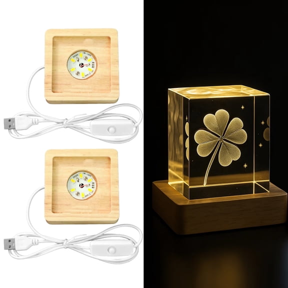4 Pcs Square LED Light Bases with Wooden Stands, USB Powered, 6 LED Bulbs, 3D Crystal Display Light, Warm Glow, Set for Acrylic, Glass, Resin Art, with Switch( Excluding crystals)