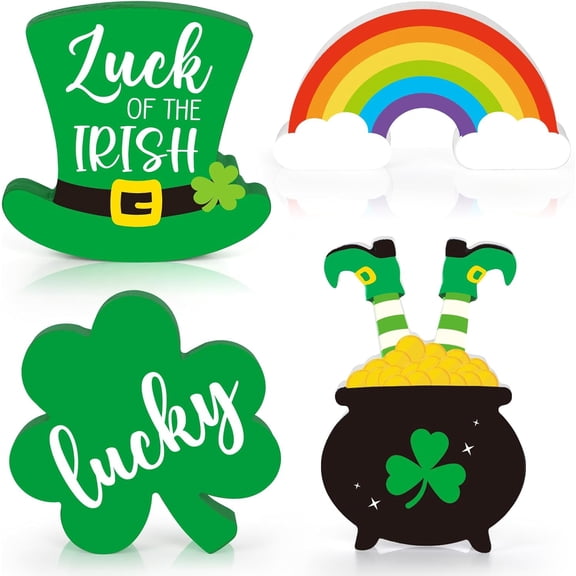 4 Pcs St Patrick Day Table Decorations Irish Wooden Signs Gold Pot Shamrock Hat Rainbow Wood Table Centerpieces Blocks Lucky Tiered Tray Decor for Home Office Desk Shelf Mantel Fireplace Indoor