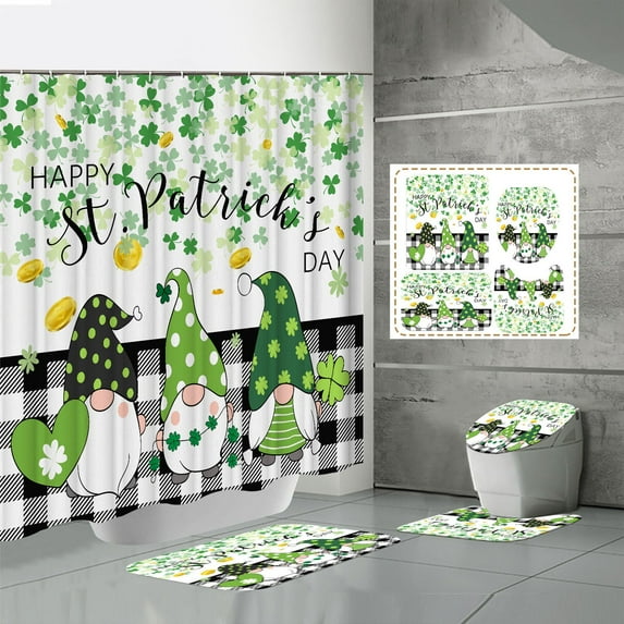 4 Pcs St Patricks Day Shower Curtain Set with Non-Slip Rugs, Toilet Lid Cover Bath Mat ,Green Shamrock Gnome Decoration Shower Curtain with 12 Hooks, Durable Waterproof Shower Curtain for Bathroom Set