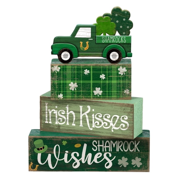 4 Pcs St. Patricks Day Table Decoration, Ngxiha Wooden Shamrocks Truck St Patricks Day Tiered Tray Decor Irish Table Centerpiece for Saint Pattys Party Farmhouse Home Kitchen Deco