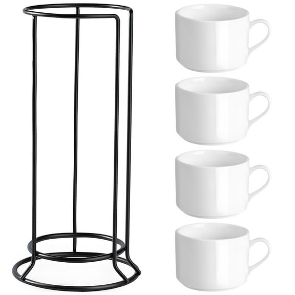 4 Pcs Stackable Ceramic Espresso Cups Set with Black Metal Stand, 10 Oz Coffee Mugs with Handle, Space-Saving Design, Dishwasher and Microwave Safe