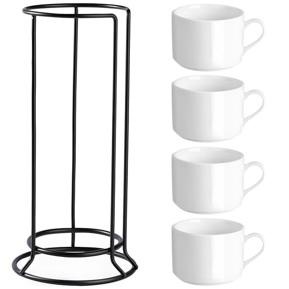 4 Pcs Ceramic Coffee Mugs Set with Black Metal Stand 10 Oz Stackable Espresso Cups with Handles, Microwave & Dishwasher Safe, SpaceSaving Modern Kitchen Decor