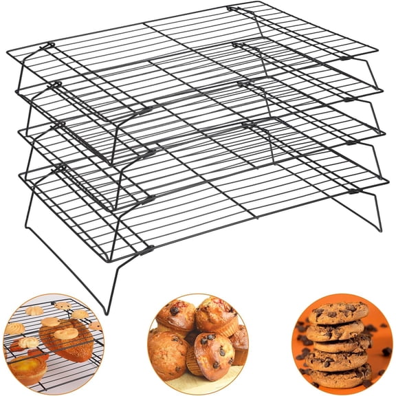 4 Pcs Stackable , Heavy Duty Iron Wire Baking Rack Set, 15.7 x 9.8 Inch for Cooking, Roasting, Grilling, Oven and Dishwasher Safe, Black