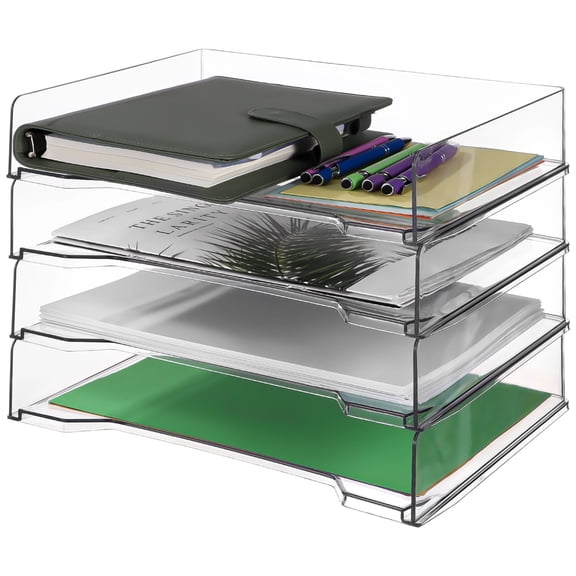 4 Pcs Stackable Letter Tray Organizers, Clear Paper Tray, 13 x 9.4 x 2.6 in Plastic File Organizer, Desktop Document Storage Shelf for Office, School, Home