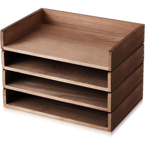 4 Pcs Stackable Organizer Tray Wood Desk Organizer, Dark Wood Color