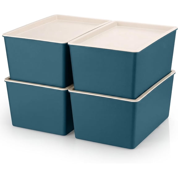 4 Pcs Stackable Plastic Storage Bins with Lids Blue Large