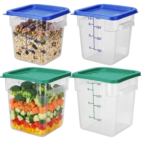4 Pcs Stackable Square Food Storage Containers 4 Qt and 8 Qt with Lids Handles and Scales Blue Green