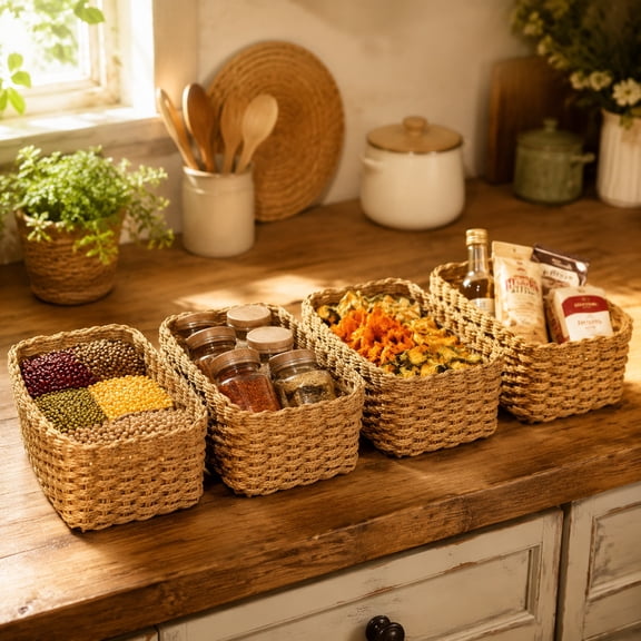 4 Pcs Stackable Wicker Storage Baskets,Rustic Hand Woven Willow Storage Bins for Storing Clothes Cosmetics Sundries,Multi-Size Open Organizer Baskets for Home Bedroom Bathroom Office