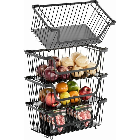 4 Pcs Stackable Wire Baskets for Pantry Organizers and Storage,Vegetable Fruit Basket for Countertop,Kitchen Storage Metal Baskets,Produce Potato Onion Storage Bin,Black