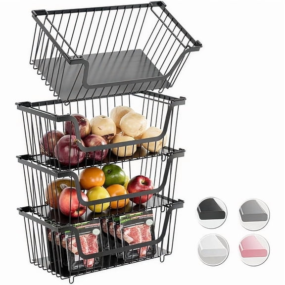 4pcs Stackable Wire Baskets Pantry Organizers - Vegetable Fruit Basket Countertop Kitchen Storage, Produce Onion Storage Bin Black, Rust Resistant Baskets for Modern Kitchenware Organization