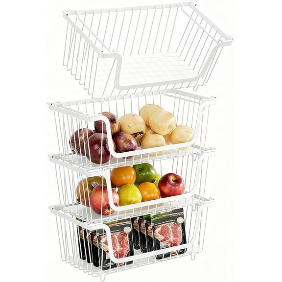 4 Pcs Stackable Wire Baskets for Pantry Organizers and Storage,Vegetable Fruit Basket for Countertop,Kitchen Storage Metal Baskets,Produce Potato Onion Storage Bin,White