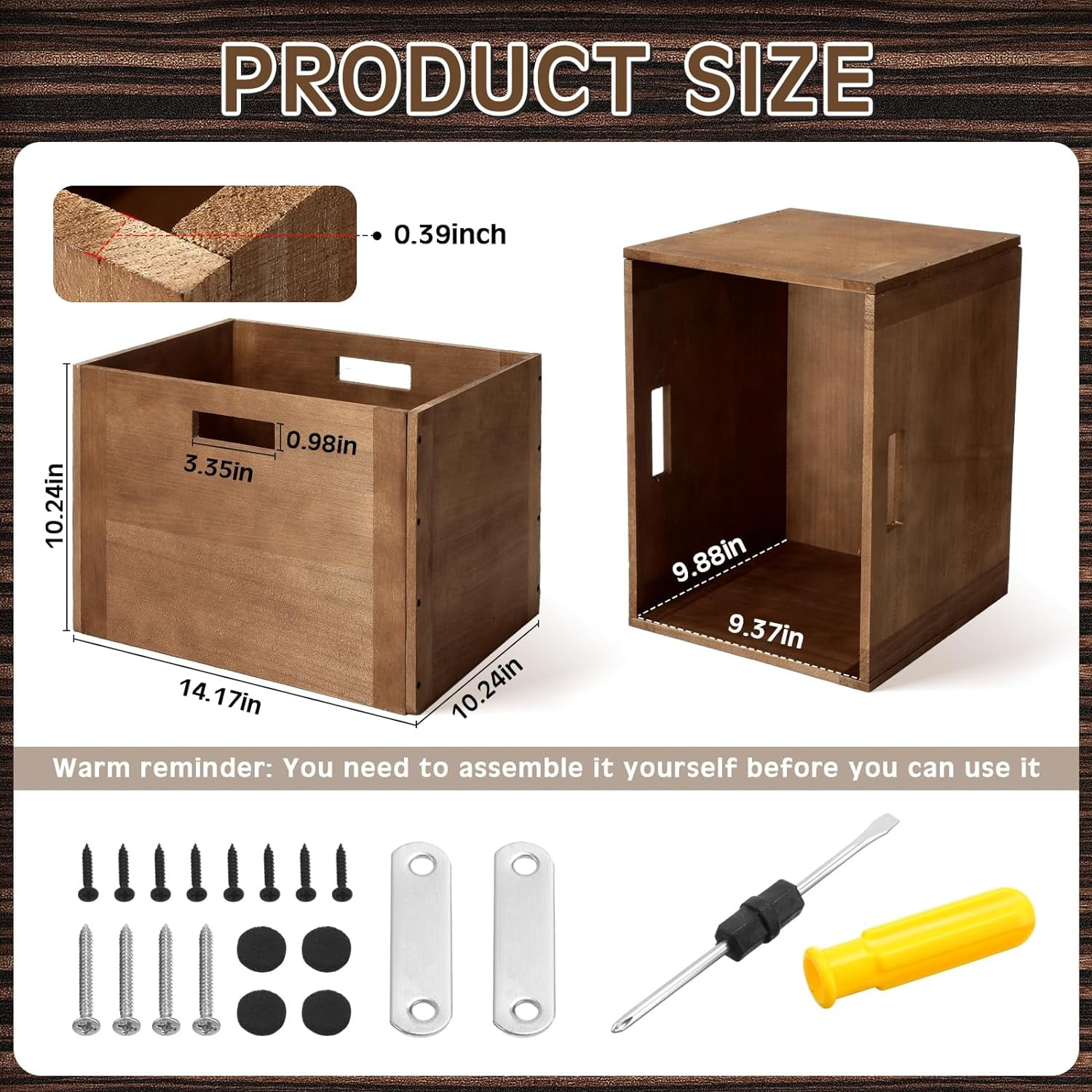 4 Pcs Stackable Wood Storage Cube for Shelves Closet Wooden Bins Box Wood Crates Storage Baskets Container for Toy Books Clothes Home Office, Dark Brown(14 x 10 x 10 Inch)