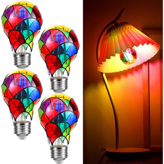 4 Pcs Stained Glass Light Bulb E26 LED Multicolor Bulbs Vintage Rainbow Light 6w for Home Lighting Balcony Festive Atmosphere (A19/A60)