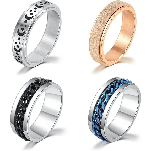 4 Pcs Stainless Steel Anxiety Rings for Women Men Chain Inlaid Fidget Spinner Rings Moon Star Sand Blast Finish Rose Gold Silver Band Ring Set for Stress Relieving Wedding Promise Size 6-13