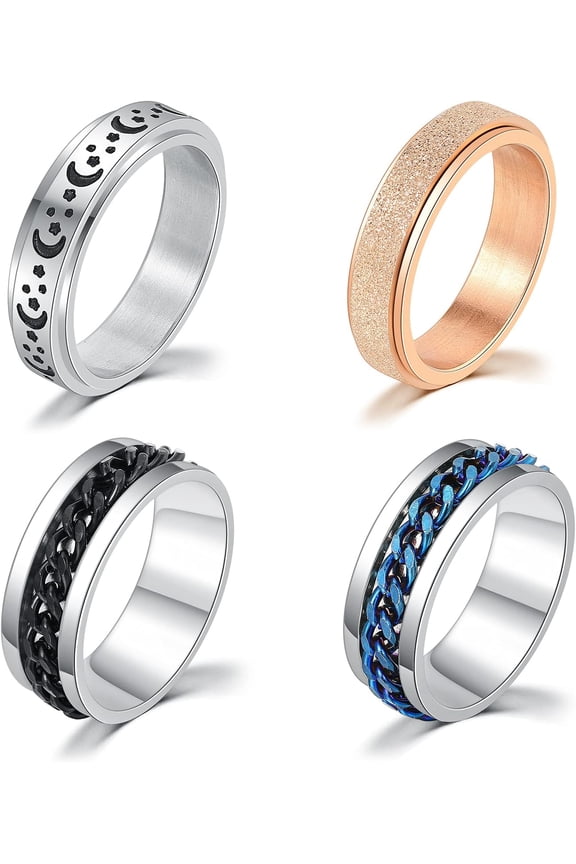 4 Pcs Stainless Steel Anxiety Rings for Women Men Chain Inlaid Fidget Spinner Rings Moon Star Sand Blast Finish Rose Gold Silver Band Ring Set for Stress Relieving Wedding Promise Size 6-13