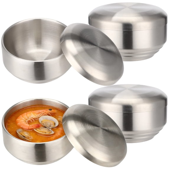4 Pcs Stainless Steel Bowls with Lids, 4.5 in Double-Walled Anti Scalding Rice Bowls Set, Reusable Space-Saving Stackable Soup Bowl for Hot and Cold Food