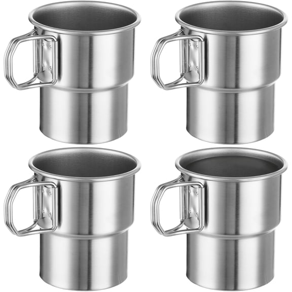 4 Pcs Stainless Steel Camping Cups, 10 oz Portable Stackable Mugs with Folding Handle, Rustproof Drinkware for Outdoor Adventures, Hiking, Fishing, Backpacking
