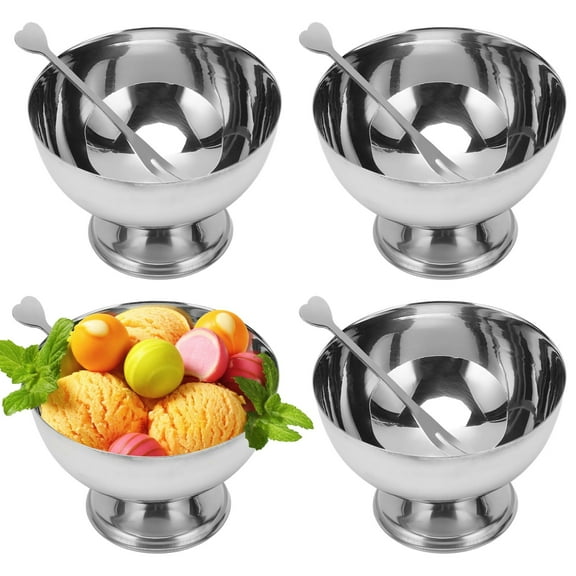 4 Pack Stainless Steel Dessert Cups with Forks - 5.4 oz Reusable Snacks Serving Bowls | Metal Bowls for Ice Cream, Salad, Tasting Sauces, and Party Serving