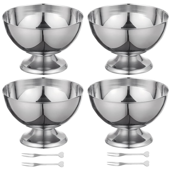 4-Piece Stainless Steel Dessert Bowl Set with Forks, 6.8 oz Footed Cups for Ice Cream, Pudding, Fruit, Salad, Elegant Serving Set for Party, Dining, Gifts, Silver