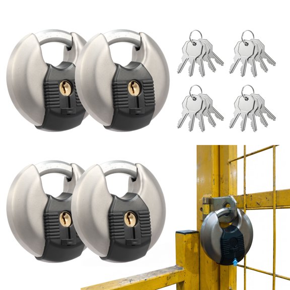 4 Pcs Stainless Steel Discus Padlock Weather Resistant with 20 Key Security Design for Container Trailer Tool Box Marine and Outdoor Use