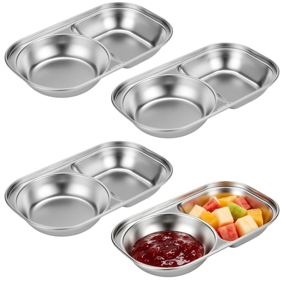 4 Pack Stainless Steel Divided Plates NonSlip 2Compartment Metal Dinner Tray, 8.7" x 5.1", Stackable, Easy Clean, for Meals, Snacks & Dipping Sauces, Home & Camping