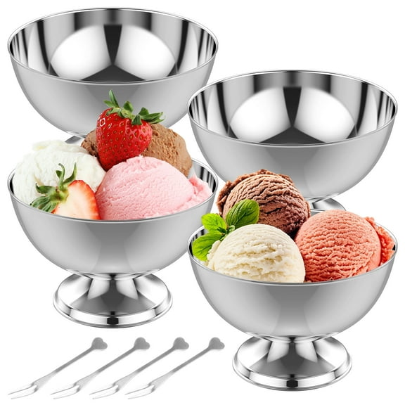 4 Pcs Stainless Steel Ice Cream Bowl with 4 Fork Reusable Pudding Cup Portable Dessert Bowl for Dessert Sundae Salad Cocktail Condiment Trifle