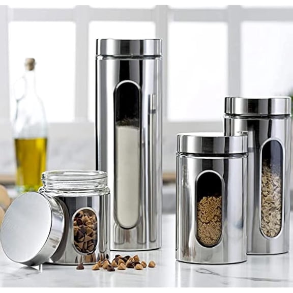 4 Pcs Stainless Steel Kitchen Canister Set, Food Storage Containers with Glass Window, Multi Size Jars for Coffee, Tea, Sugar, Dry Goods, Pantry Organization