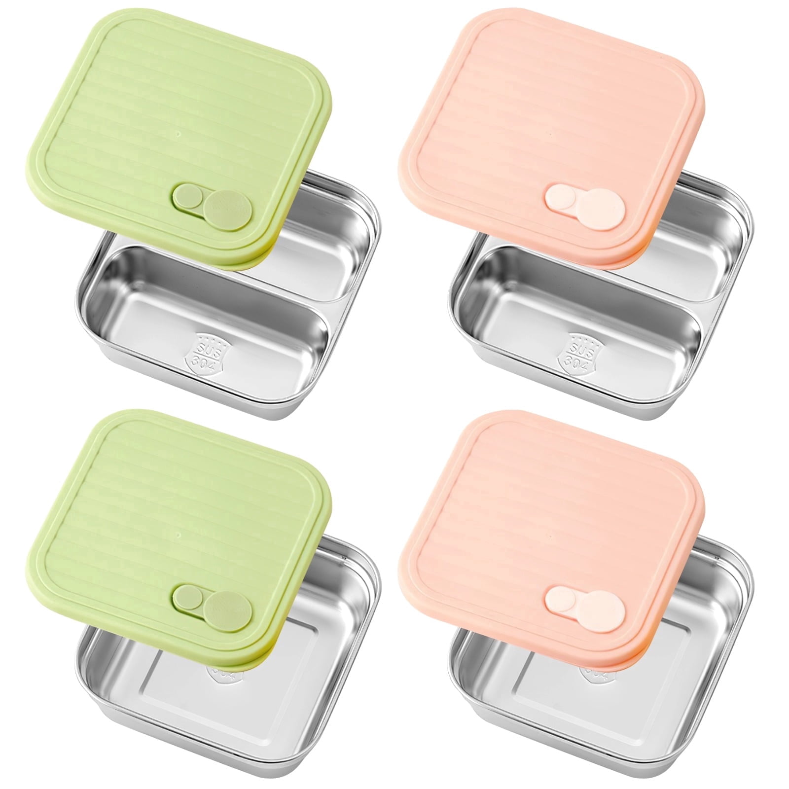 4 Pcs Stainless Steel Lunch Box Set with Leak Proof Silicone Lids, 304 Food Grade Metal Meal Prep Containers Includes 2 Single and 2 Double Compartments, Stackable Bento Box for Adults Office Picnic