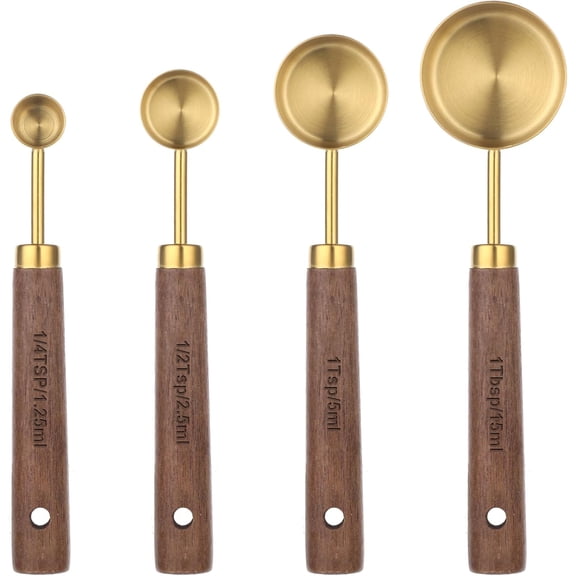 4 Pcs Stainless Steel Measuring Spoons and Cups, Wooden Handle Gold Spoon Set, Long for Kitchen Cooking Baking