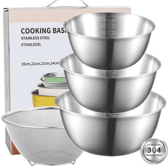 4 Pcs Stainless Steel Mixing Bowls with Strainer, Perfect for Your Kitchen Needs Like Cooking Baking and Making Salads