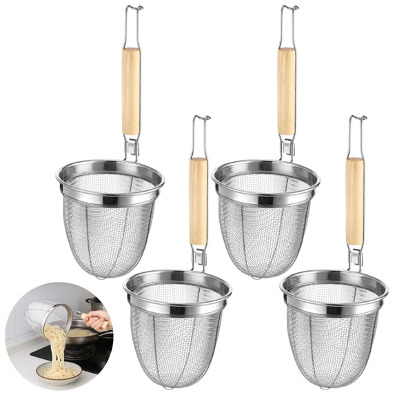 4 Pcs Stainless Steel Noodle Strainer Set, 5.5" x 5.5" Fine Mesh Pasta Skimmer with Wood Handle, Deepen Basket & High Edge Design, Quick Drain Strainer Spoon for Noodle, Ramen & Dumplings