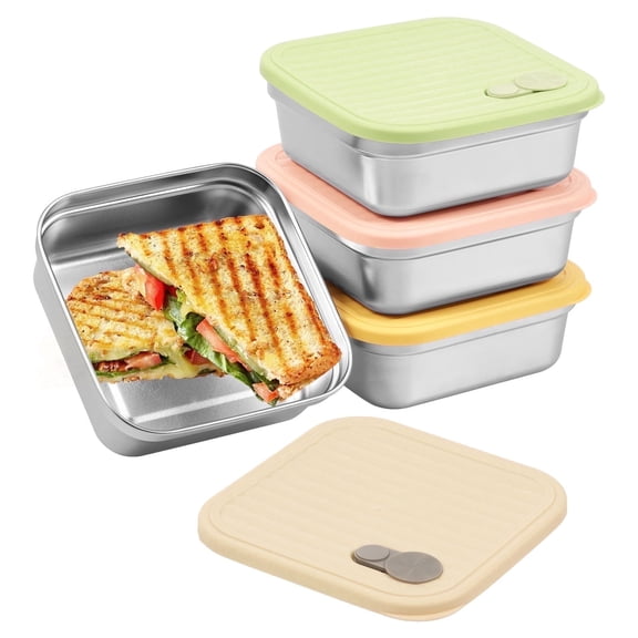 4 Pcs Stainless Steel Sandwich Container Lid Reusable Dishwasher Safe Food Storage Snacks Fruits (beige+green+pink+yellow:4pieces:singlecompartment )