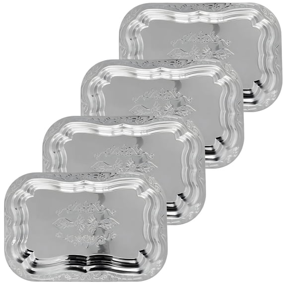 4 Pcs Stainless Steel Silver Serving Trays, Floral Engraved Decorative Platter, Mirror Polished Design, Stackable Canteen Restaurant Buffet Tray, Raised Edge, 13.8 x 9.6 in