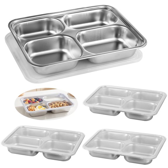 4 Pcs Stainless Steel Snack Boxes, Divided Trays With Sealable Tops, 4-Section Reusable Bento Cases For Grown-Ups, Food Prep Lunch Totes